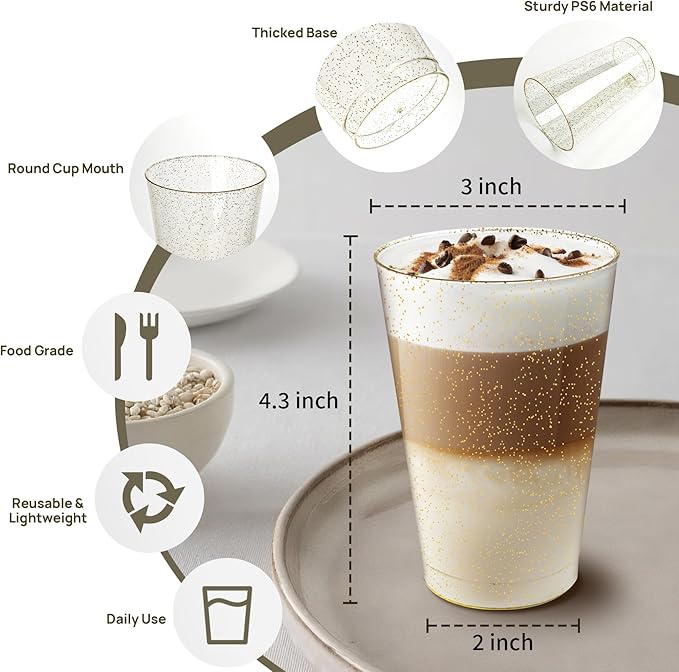 12oz Plastic Cups with Gold Glitter Sturdy & Food Safe Plastic Wine Glasses - Image 6
