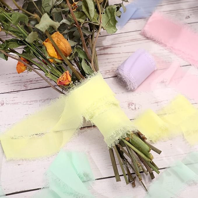 6 Rolls Handmade Fringe Chiffon Silk Ribbon 1.5" x 3 Yd Colorful Ribbon - Image 6