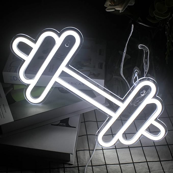 Lucunstar Gym Neon Sign, Barbell Dumbbell Shaped Neon signs White Neon Lights - Image 3