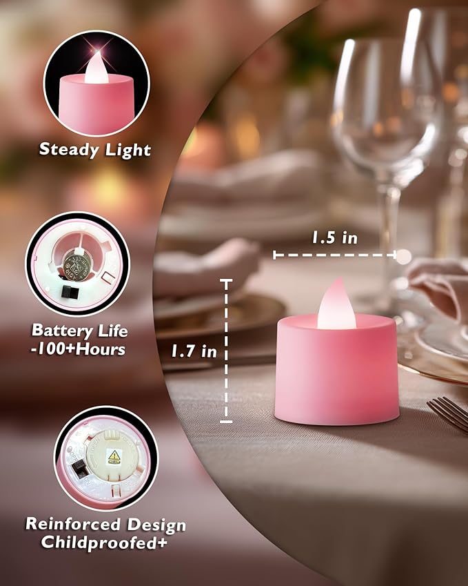 Amagic 24 Pack Pink LED Tea Lights, Flameless Votive Candles, Electric Fake - Image 2