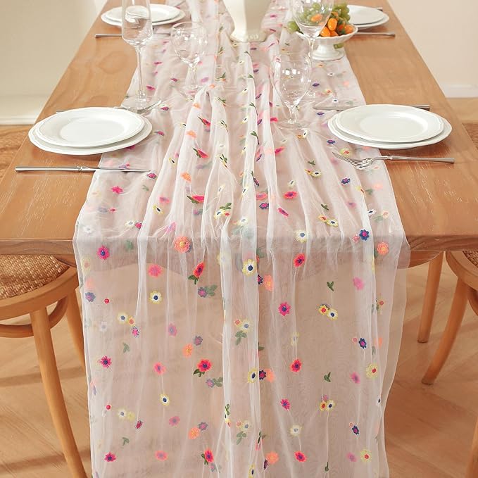 White Embroidery Daisy Fall Table Runner 120Inch 10FT Florals Soft Sheer Tulle - Image 3