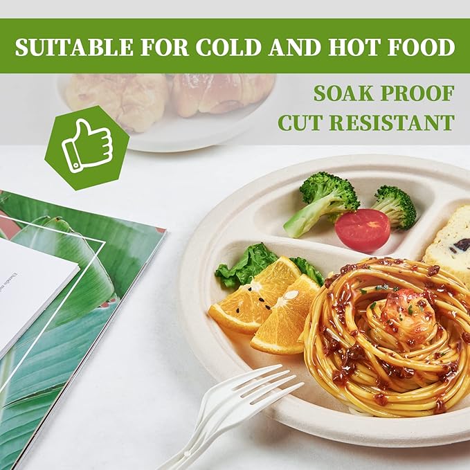 ECOLipak 125 Pack Compostable 3 Compartment Plates, 8.85 inch Heavy-Duty - Image 3