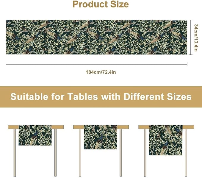 Peacock Table Runner, Retro Floral Plants Peacock Table Runner - Image 7
