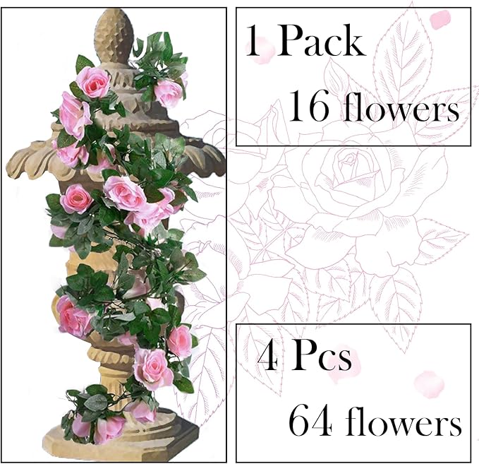 4 Pack Artificial Rose Vine Garland Fake Roses Flowers Plants Vines Hanging - Image 2