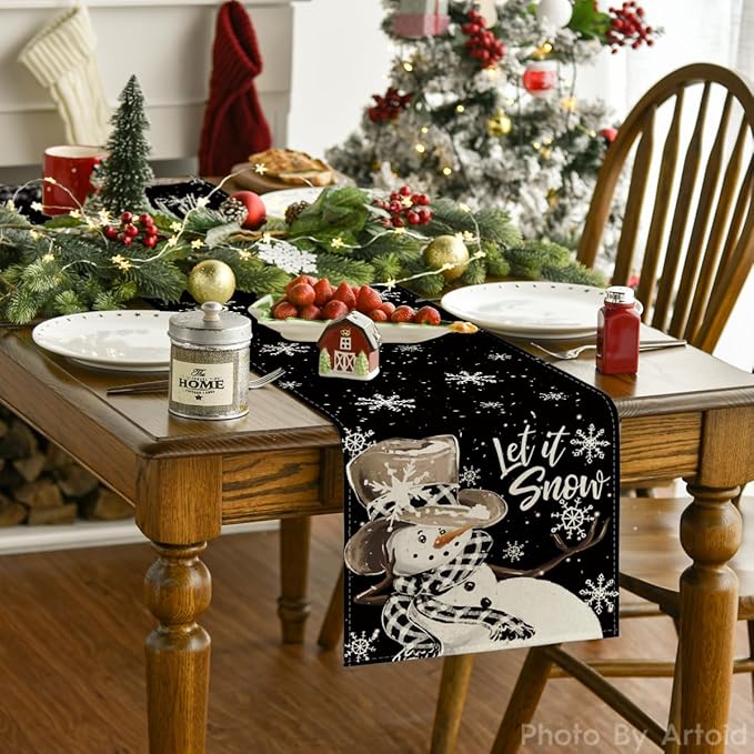Artoid Mode Black Snowman Snowflake Let it Snow Winter Table Runner, Christmas - Image 2