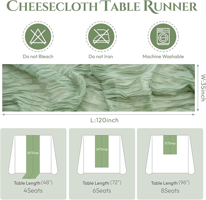 Sioloc 5 Pack Sage Green Cheesecloth Table Runner Fall Autumn Decor - Image 6