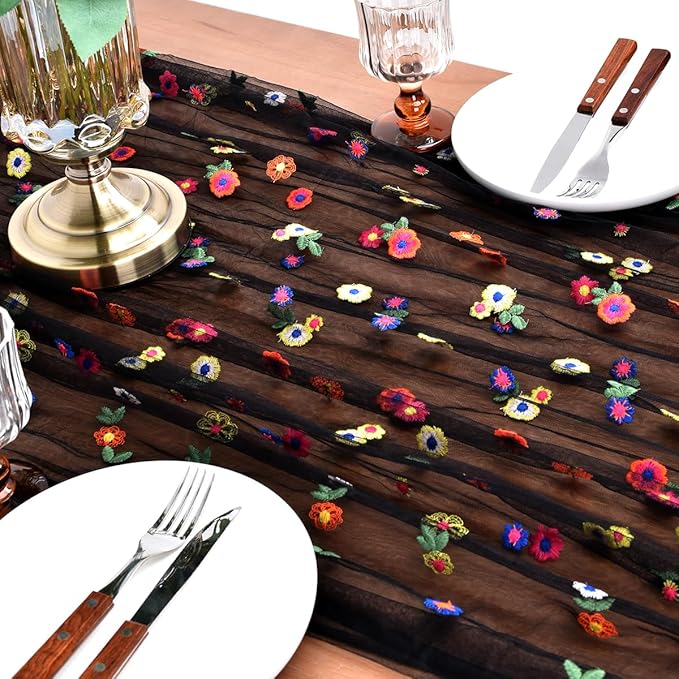 Joanlody Black Embroidery Daisy Fall Thanksgiving Table Runner 10ft Florals - Image 3