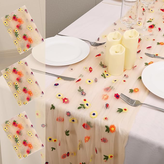 3PCS Champagne Floral Table Runner 10 FT, Embroidery Daisy Table Runners by Hugestar
