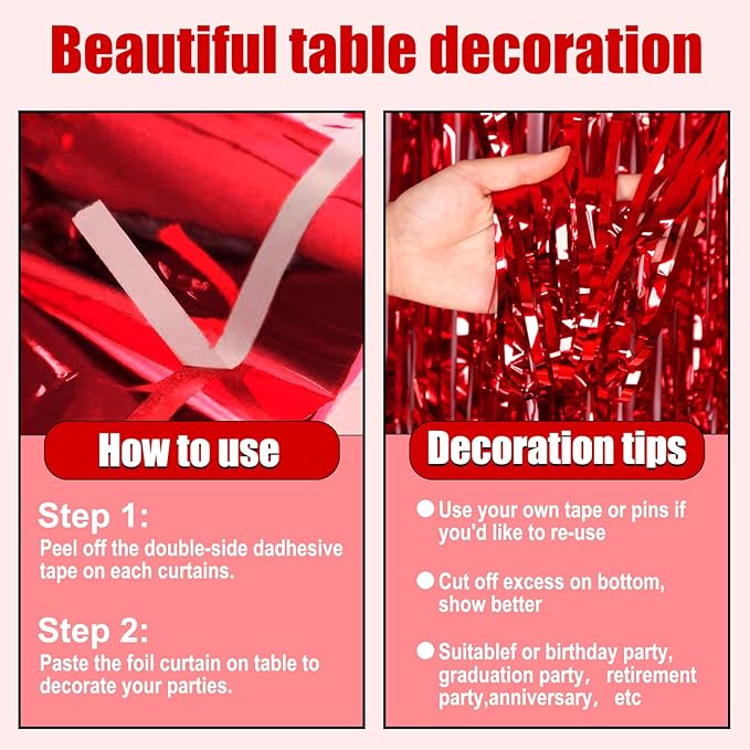 3 Pack 29 x108 Inch Red Foil Fringe Table Skirts Metallic Banner - Image 3