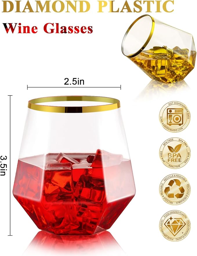 40 PCS Clear & Gold Rim 12 Oz Plastic Wine Whiskey Glasses, Diamond Stemless - Image 2