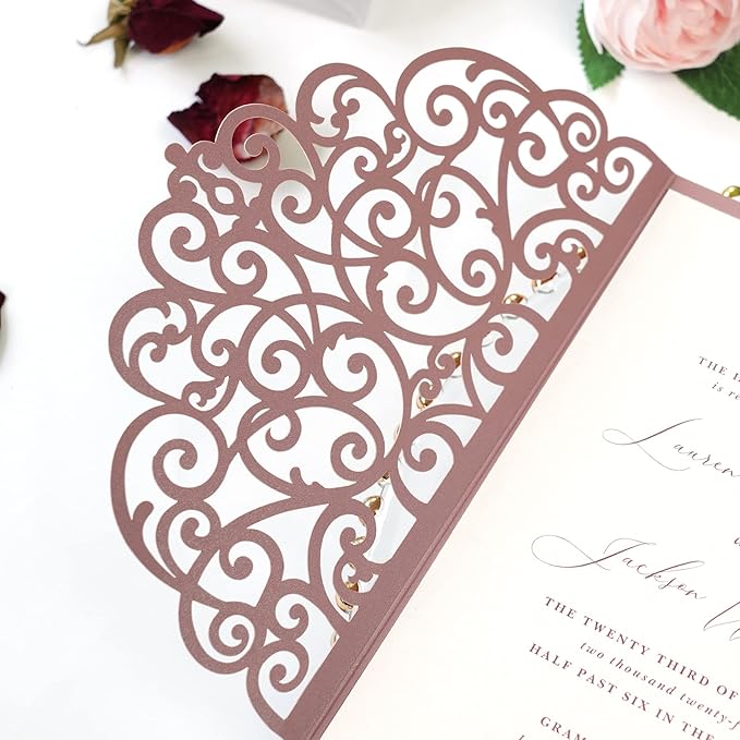 PONATIA 5.12 x 7.2 Dusty Rose Laser Cut Wedding Invitations, 5x7 Trifold Laser - Image 8