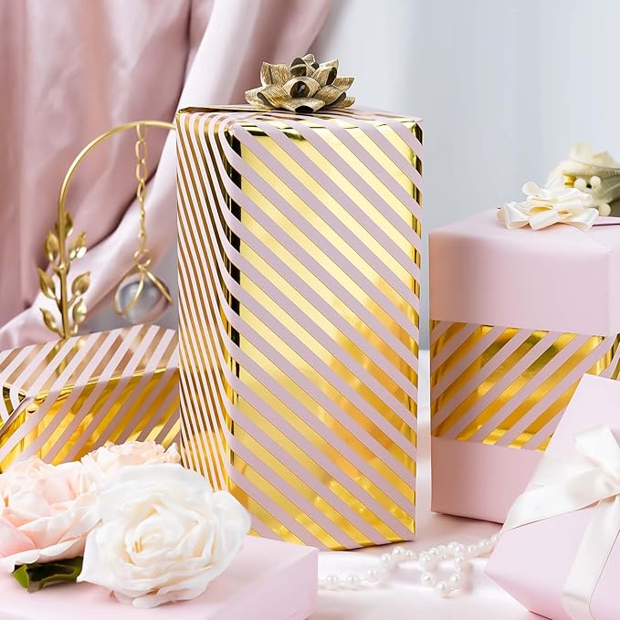 Burymento Pink and Gold Stripes Wrapping Paper, Reversible Pink Gift Wrap - Image 3