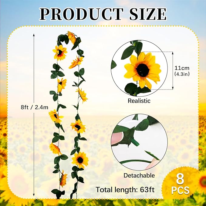8Pcs 63Ft Sunflower Garland, Fake Hanging Flowers, Sunflower Artificial Flower - Image 2