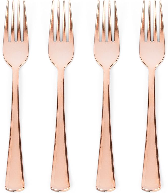 Prestee Set of 100 Rose Gold Plastic Forks Disposable by Prestee