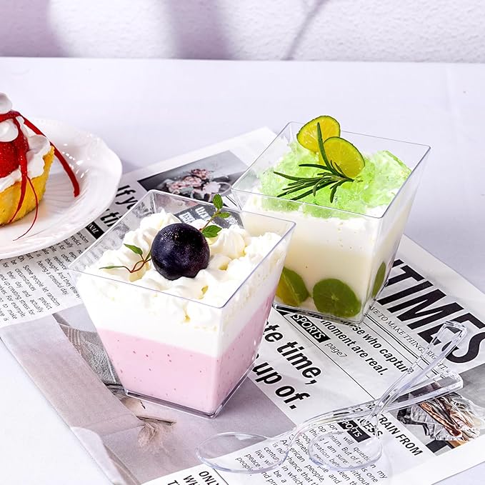 YOUBET 102 PCS Plastic Dessert Cups - 8oz Clear Square Cups - 51 Pack Mini - Image 6