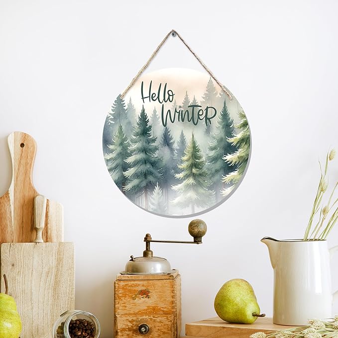 CGBHW Hello Winter Welcome Forest Wooden Sign, Winter Farmhouse Pine Trees - Image 3