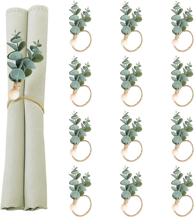 Defined Deco Napkin Rings Set of 12, Rustic Farmhouse, Boho Green Leaf Napkin by DDDEFINEDDECO