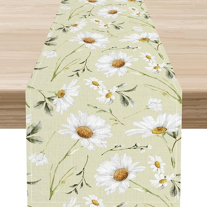 Daisy Floral Table Runner, Rustic Seasonal Spring Wild Flower Rustic Blue Wood by Unknown
