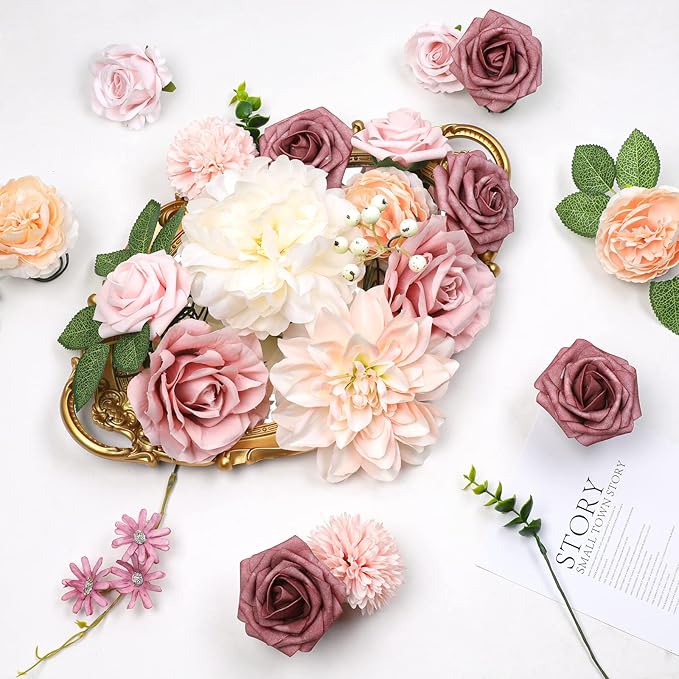 AmyHomie Blush Champagne Artificial Flowers Combo Silk Mix Peony Rose Fake - Image 4