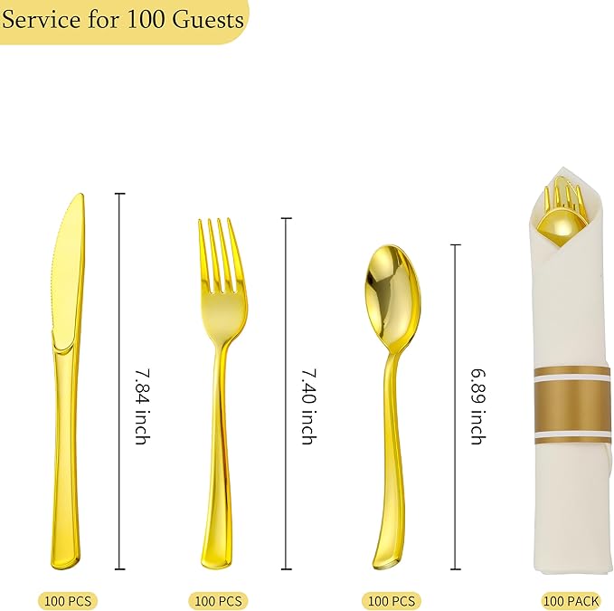100 Pack Pre Rolled Gold Plastic Silverware Set - Image 3