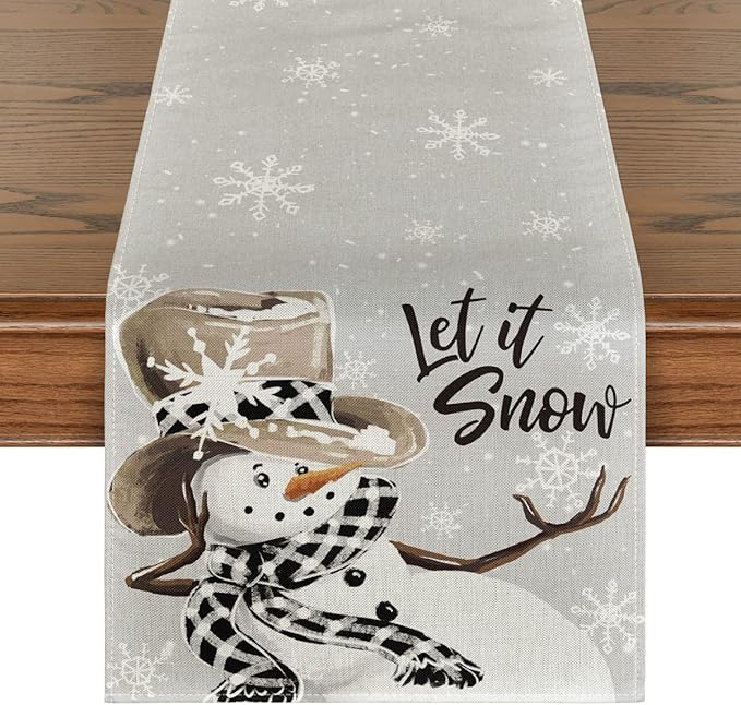 Artoid Mode Grey Snowman Snowflake Let it Snow Christmas Table Runner, Seasonal by ArtoidMode