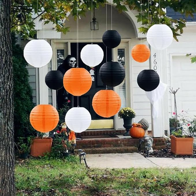 Orange Black White Paper Lanterns Decorative 12pcs Halloween Hanging Decorations - Image 2