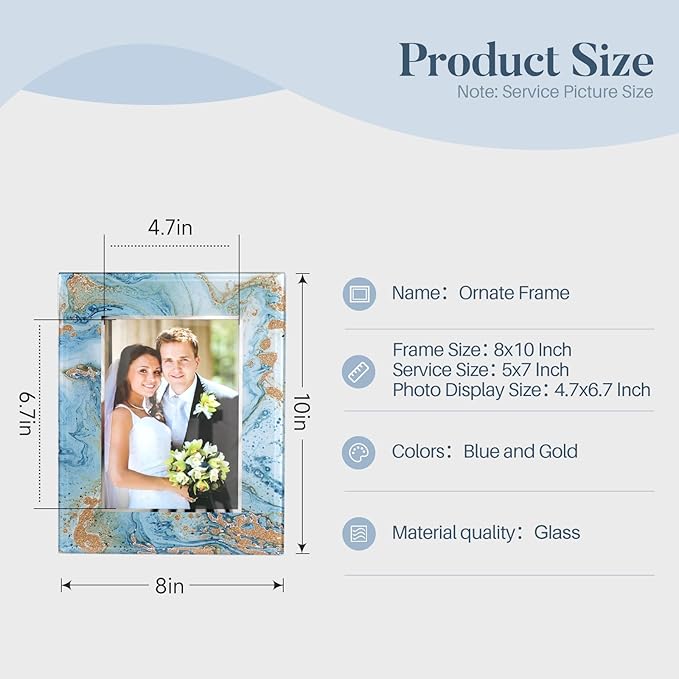 Cuspin 5x7 Blue Picture Frame, Luxury Blue and Gold Glass Wedding Frame 8x10 - Image 6