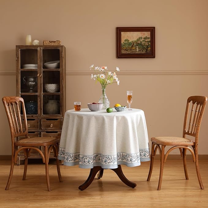 ISAENNE Designer Vintage Linen Elegant Small Round Tablecloth, Chinoiserie - Image 2