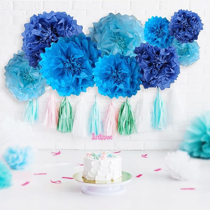 Blue Paper Flower Pom Poms Wall Decorations - Image 4