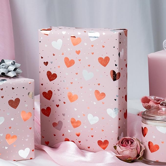 Burymento Gold Foil Heart Wrapping Paper, Reversible Pink Gift Wrap - Image 2