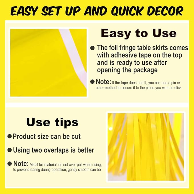 3 Pack 29 x108 Inch Macaron Yellow Foil Fringe Table Skirts Metallic Banner - Image 2