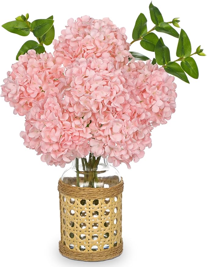 Hollyone Pink Hydrangea Artificial Flowers in Woven Glass Vase by Hollyone