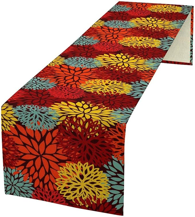 Red Yellow Dahlia Table Runner, Seasonal Autumn Thanksgiving Pattern Print - Image 2