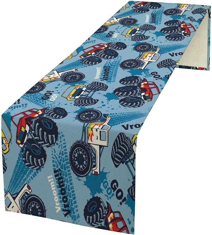 Monster Truck Table Runner, for Kids Boys Cool Colorful Cartoon Blue Cars by Kurtect