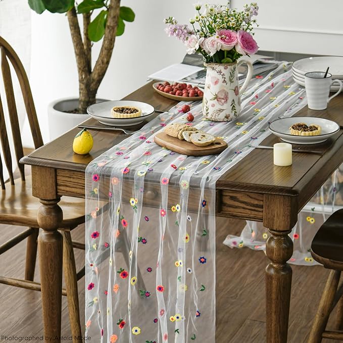 Artoid Mode 3PCS Embroidery Daisy Gauze Table Runner 120 Inch 10FT, Seasonal - Image 5
