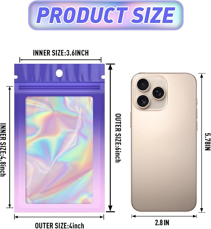 Funfery 100 Pack Holographic Bags, Mylar Resealable Bag - Image 2