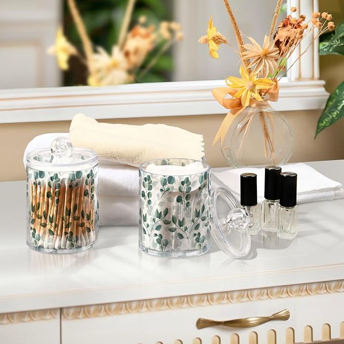 Qtip Holder Dispenser 4 Pack Green Watercolor Floral Leaves Apothecary Jars - Image 7