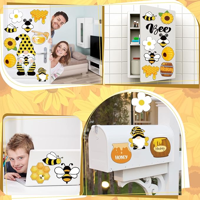 Xuhal 25 Pcs Bee Decor Refrigerator Magnets Happy Bee Gnome Sunflower Magnetic - Image 7