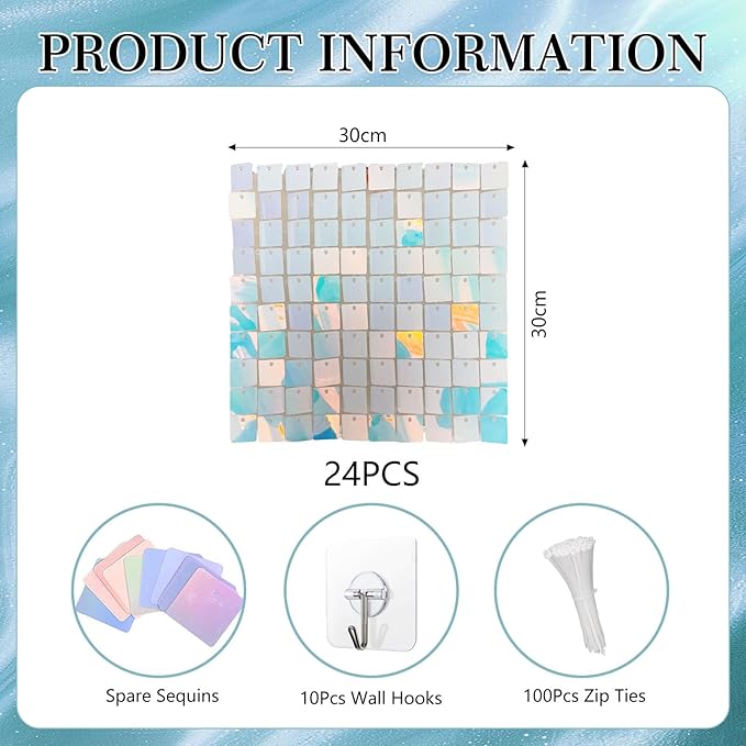 24PCS Colorful Blue Shimmer Wall Backdrop, Square Sequin Backdrops Panel - Image 2