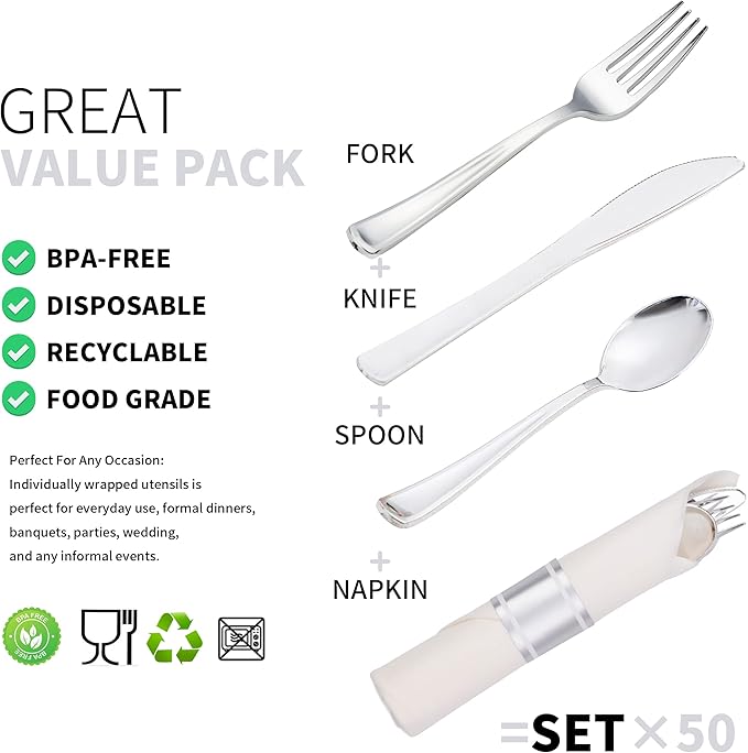 50 Pack Pre Rolled Silver Plastic Silverware Set, Disposable Wrapped Plastic - Image 3