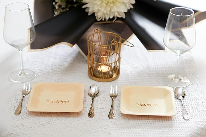 Mrs. and Mrs. Disposable Wedding Plates – Rustic, Compostable Alternative to - Image 4