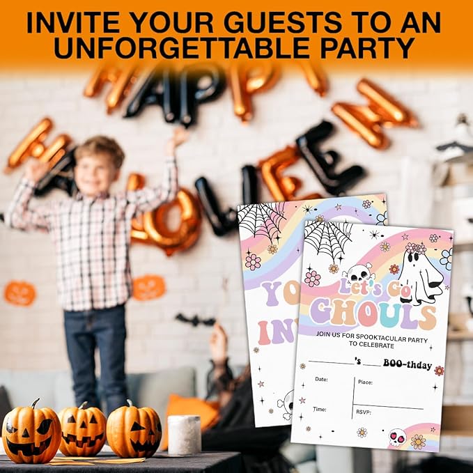 Halloween Birthday Invitations Groovy Rainbow Ghost Halloween Birthday Party - Image 6
