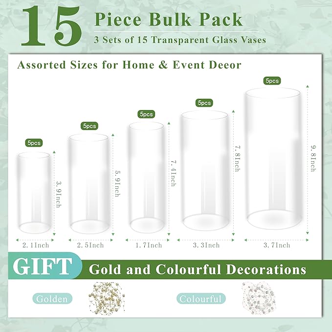 15pcs Clear Glass Vase for Centerpieces, 10 inch Tall Cylinder Flower Vase Bulk - Image 2
