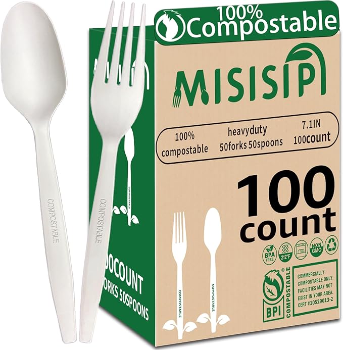 MISISIPI 100% Compostable Forks and Spoons Biodegradable Forks and Spoons by MISISIPI