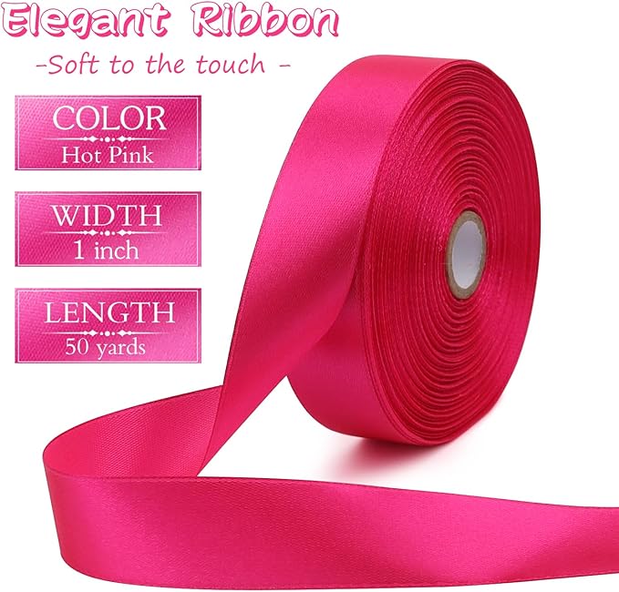 Hot Pink Solid Satin Ribbon 1 Inch 50 Yards Solid Polyester Fabric Ribbon - Image 2