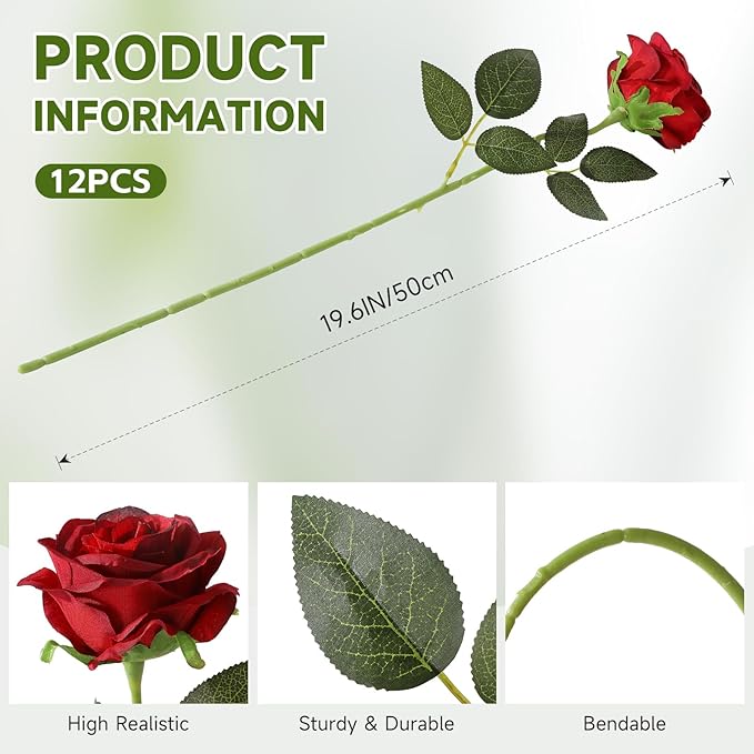 Tifuly 12pcs Red Roses Artificial Flowers, Realistic Long Stem Fake Silk Roses - Image 2