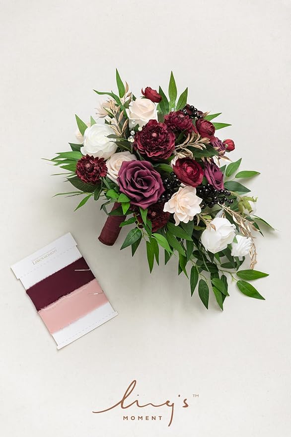 Ling's moment Burgundy Bridal Bouquet Cascading, Marsala Wedding Bouquets - Image 4