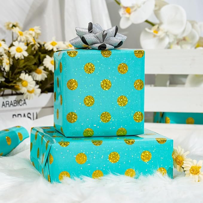 Burymento Blue Holographic Dots Wrapping Paper, Reversible Gold Gift Wrap - Image 7