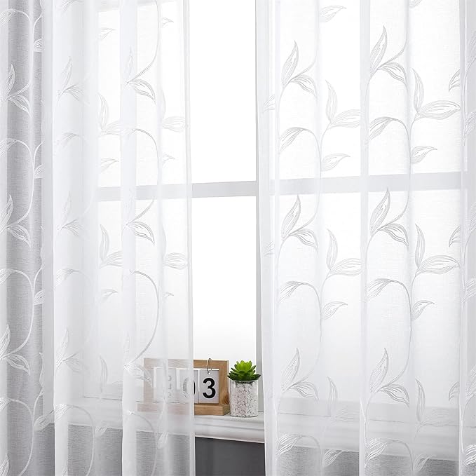 VISIONTEX Sheer Curtains 54 inch Length 2 Panels Set, Rod Pocket Embroidered - Image 4