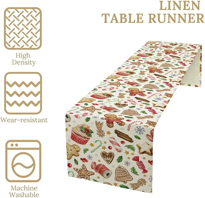 Christmas Table Runner, Christmas Gingerbread New Year Xmas Table Cloth Kitchen - Image 4
